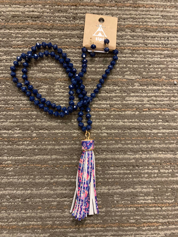 Navy and floral tassel necklace